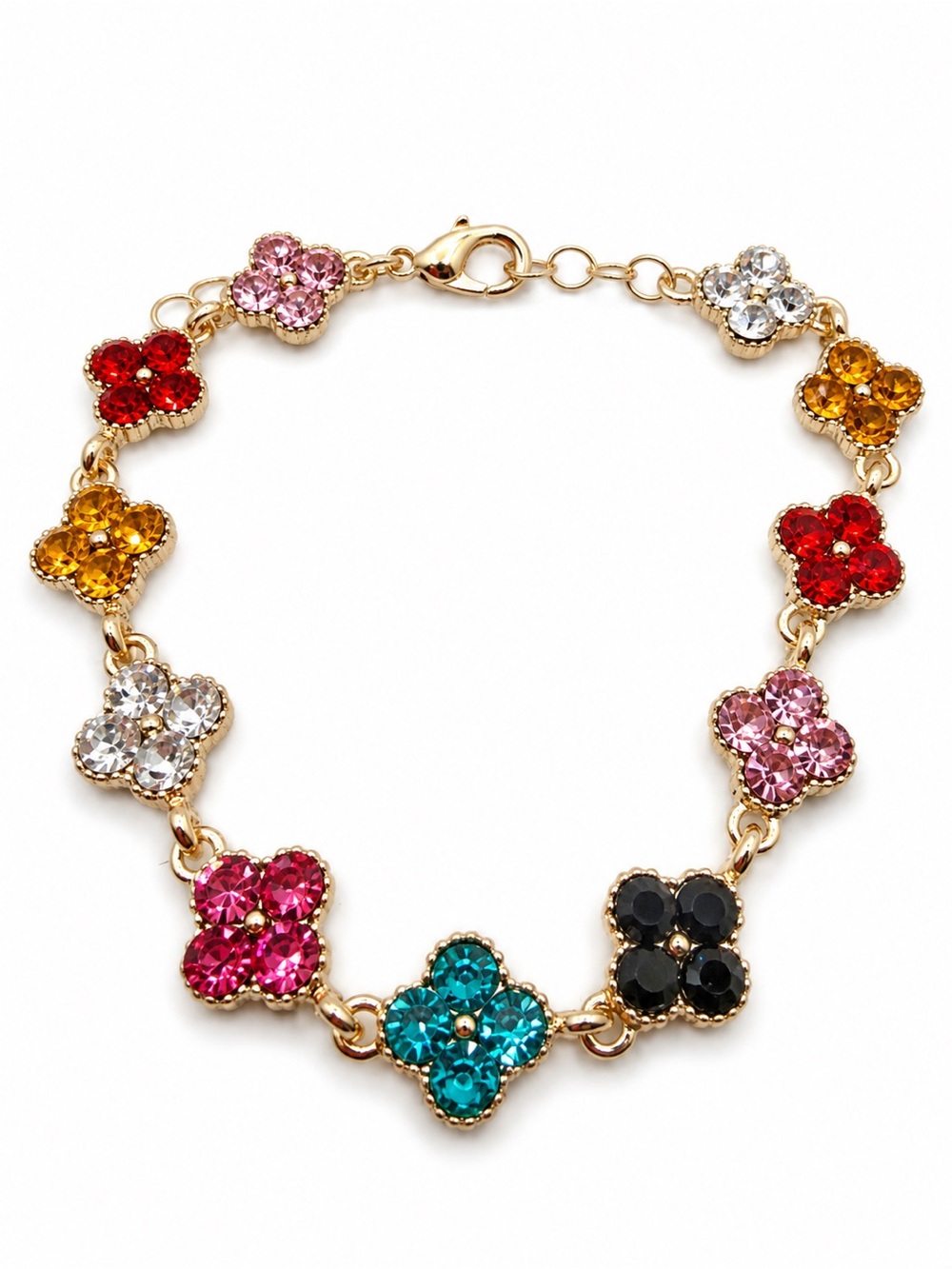 Gold-Tone Multi-Color Crystal Flower Bracelet - Women Jewelry